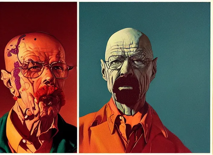 Prompt: a still from the tv series breaking bad by francis bacon, surreal, norman rockwell and james jean, greg hildebrandt, and mark brooks, triadic color scheme, by greg rutkowski, syd mead and edward hopper and norman rockwell and beksinski, dark surrealism, orange and turquoise and purple and pink