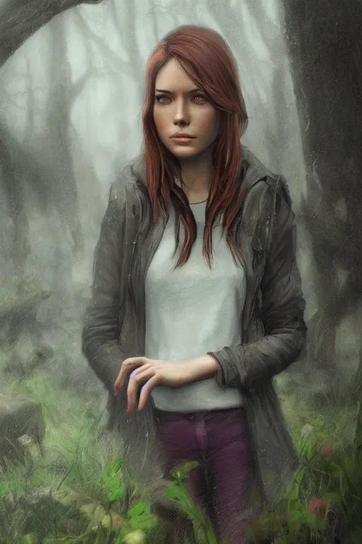 Prompt: tv scene of rachel amber from life is strange standing in a graveyard in the rain, highly detailed, sharp focused, ultra realistic digital concept art by Alyssa Monks, Charlie Bowater