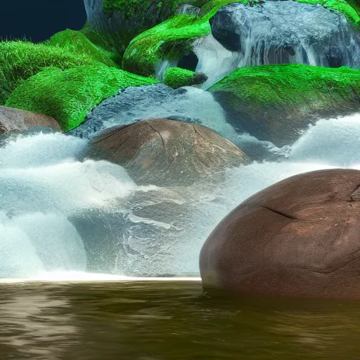 Image similar to water splashing over rocks, volumetric lighting, cinematic, detailed, raytracing, 4K ultra, award winning