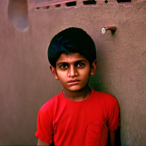 Image similar to portrait of an indian boy with green eyes and red tshirt, film still, kodachrome