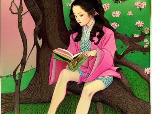 Image similar to beautiful little girl with long curly red hair dressed in a pink kimono and sitting next to a tree while reading a book, artwork made by ayami kojima, inspired in balthus, anatomically correct, higher details, realistic