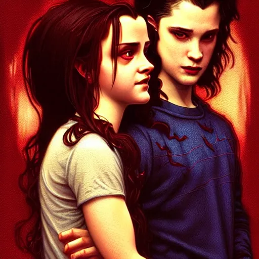 Image similar to Twilight version of Stranger Things, Portrait of Edward and Bella, diffuse lighting, fantasy, intricate, elegant, highly detailed, lifelike, photorealistic, digital painting, artstation, illustration, concept art, smooth, sharp focus, art by Krenz Cushart and Artem Demura and Alphonse Mucha