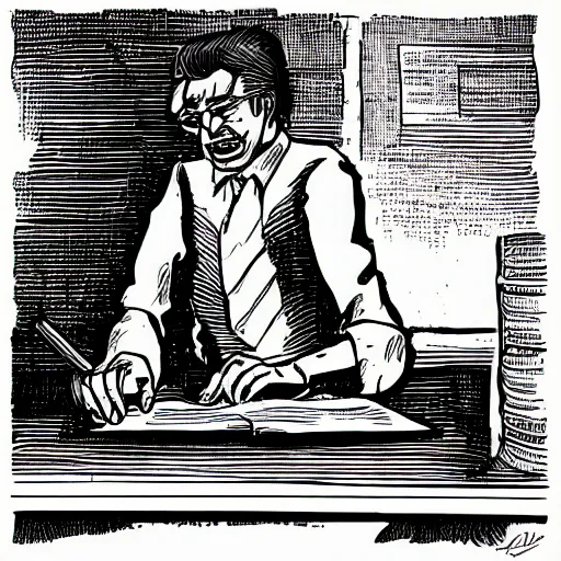 Prompt: typerwriter on a desk, Harry Volk clip art style, black and white Volk line art, illustration