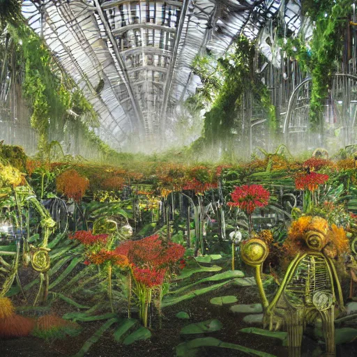 Image similar to panoramic view of a jungle of flowers and vines growing among great heaps of chrome machinery with piles of rusty weapons and broken plastic androids in puddles of glistening oil, artists tram pararam and doctor seuss with beryl cook and hr giger, high contrast cinematic light, mystical shadows, sharp focus, octane render