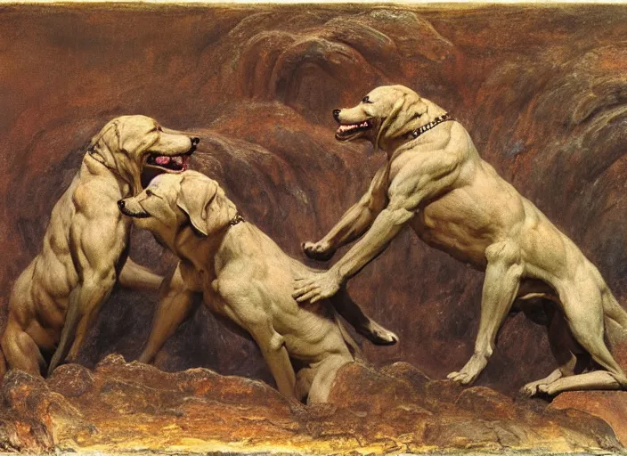 Prompt: hyperdetailed matte art of a three headed dog cerberus by william blake, ilya repin, amano, rene magritte, craig mullins, three headed dog cerberus, details