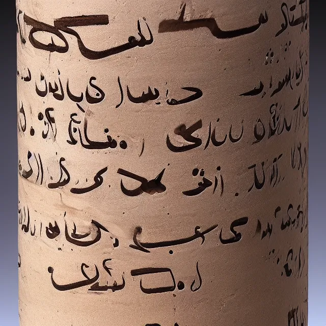 Prompt: a full realistic photo of a tall and thin cylindrical clay dead sea scroll jar with two sentences of nabatean aramaic, dark, brooding, atmospheric, volume lighting