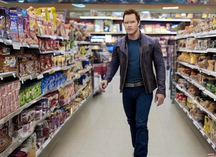 Image similar to film still of Star-Lord played by Chris Pratt shopping in a supermarket in the new Guardians of the Galaxy movie, 4k