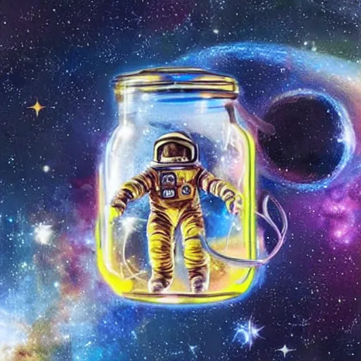 Prompt: 3d art of an astronaut in a jar, surrounded by colorful stars, extremely detailed