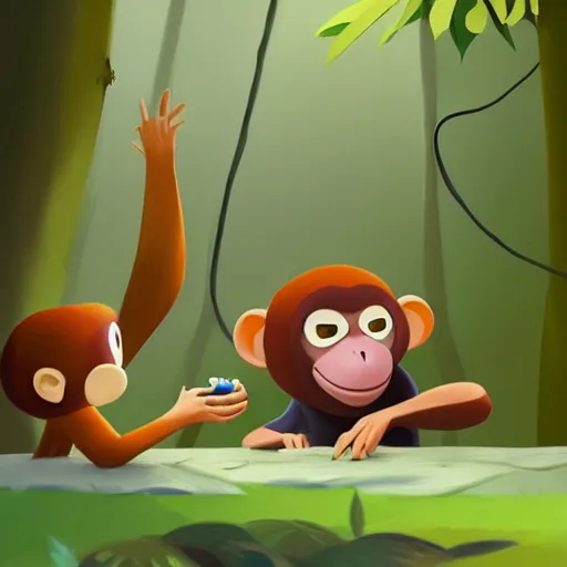 Prompt: goro fujita ilustration jungle monkeys trying to take food from a family of campers, painting by goro fujita, sharp focus, highly detailed, artstation