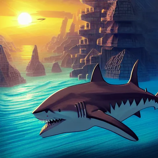 Prompt: shark godzilla in isometric atlantis cybercity, golden hour by tyler edlin and petros afshar and christopher balaskas and marius borgeaud and kiliain eng, global illumination, ambient occlusion, 3 0 mm, well proportioned, highly detailed, rule of thirds