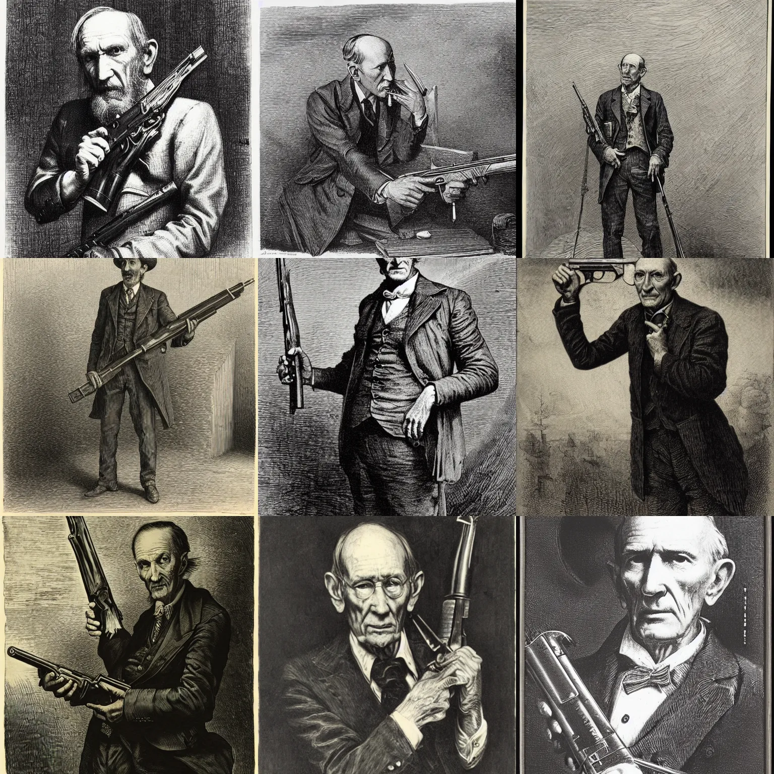 Prompt: william s burroughs holding a double barrel shotgun by gustave dore