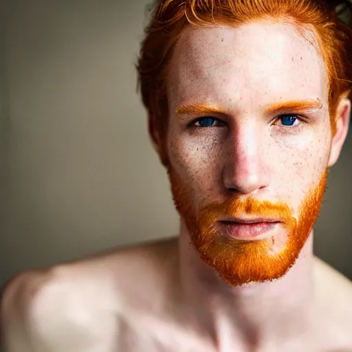 Image similar to color portrait of a very pale, freckly, ginger male model by emmanuel lubezki