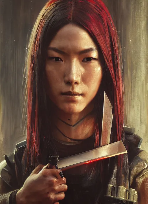 Image similar to Nikki Tanaka. female Cyberpunk samurai (blade runner 2049, cyberpunk 2077). Orientalist portrait by john william waterhouse and James Gurney and Theodore Ralli and Nasreddine Dinet, oil on canvas. Cinematic, hyper realism, realistic proportions, dramatic lighting, high detail 4k