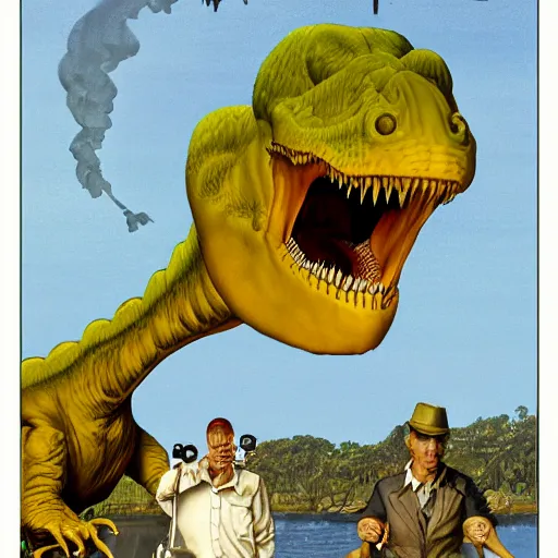 Prompt: lemon - headed dinosaur man happy, ultra detailed, style of norman rockwell, style of richard corben, 4 k, rule of thirds.