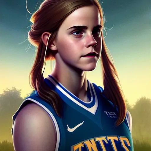 Prompt: portrait of teen emma watson in an nba minnesota timberwolves basketball uniform, fantasy art by greg rutkowski, loish, rhads, ferdinand knab, makoto shinkai and lois van baarle, ilya kuvshinov, rossdraws, tom bagshaw, global illumination, radiant light, detailed and intricate environment