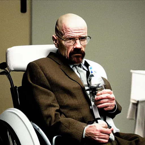 Image similar to walter white wearing a clear oxygen mask with tube running to small oxygen containt next to him. walter sits in a wheelchair in a courtroom.