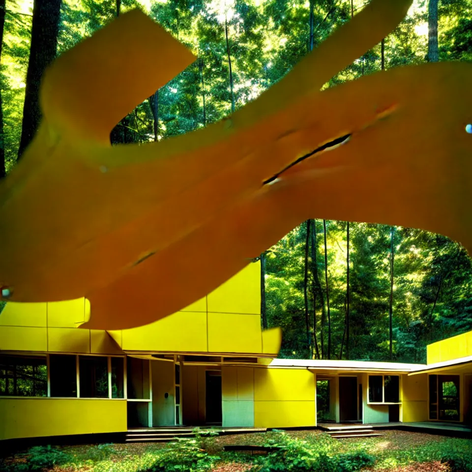 Prompt: a mid-century modern house with big tiles, from far away, in a forest, designed by Frank Gehry. Film grain, cinematic, yellow hue