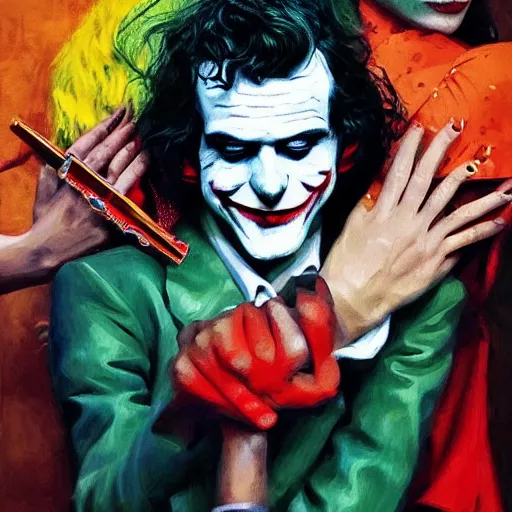 Prompt: ilya yefimovich repin and mimmo rottela as joaquin phoenix skinny joker holding hand lady gaga harley queen, ultra photorealistic, intricate details, pop art style, concept art, confident posse, random object details, 3 colours, warm color, 4 k, ultra smooth, sharp focus