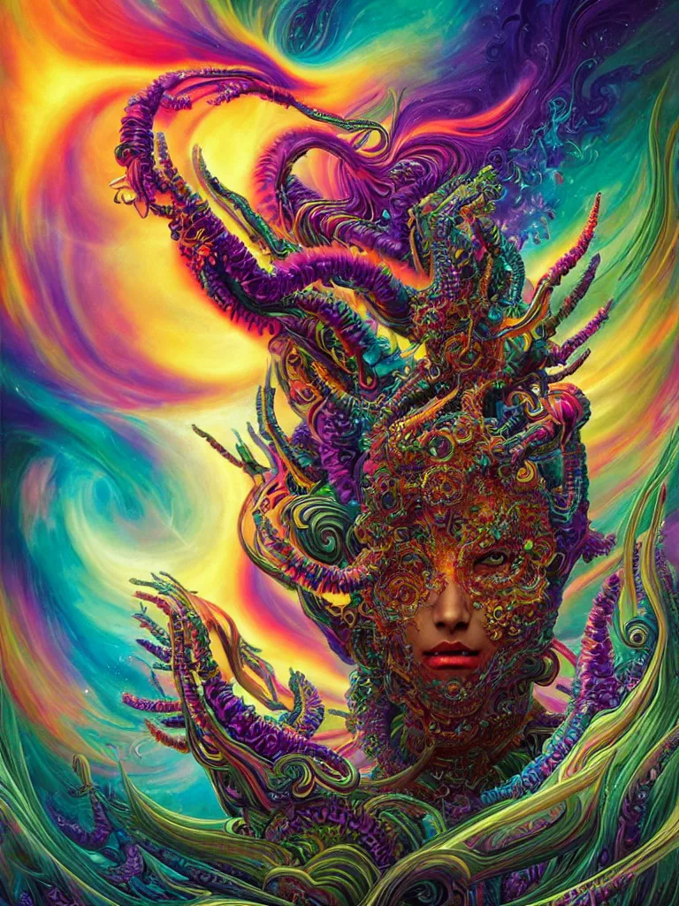 Image similar to depicting a wrathful technological nightmare monster god, in the style of lisa frank, exuberant organic elegant forms, by karol bak and filip hodas : : 1. iridescent, multicolored, holographic intricate mandala explosions : : intuit art : : turbulent clouds backdrop : : damask wallpaper : : atmospheric