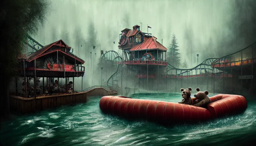 Prompt: michal karcz grunge painting of an amusement park, monster and horror theme. Monster-themed Grizzly River Run. A raft is spinning very fast. A detailed, elegant, intricate, 4k,