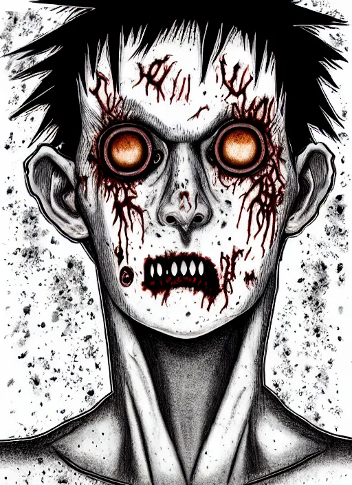 Image similar to junji ito style portrait of zombie teenage jughead jones wearing a light grey crown, photorealistic, zombie, crown, rotting skin, blind eyes, white eyes, crown, black hair, intricate, highly detailed, illustration, art by junji ito