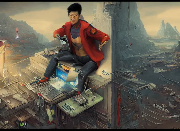 Prompt: an insanely detailed painting of an asian man wearing a homemade superhero costume, sitting at a desk, staring seriously at the computer and typing, in the style of peter mohrbacher, james jean, rutkowski, dramatic lighting and composition, surreal background, octane render, pixar, trending on artstation, concept art, comic book, view from behind, 8 k