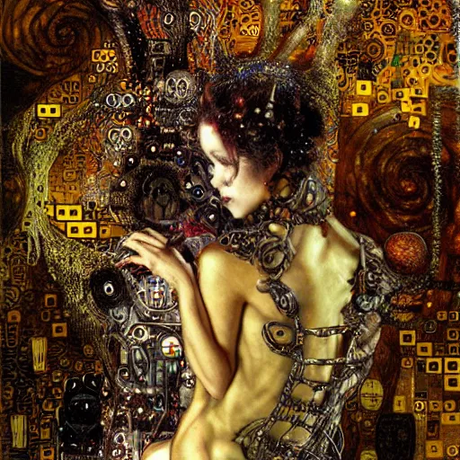 Prompt: cybernetic demon dreaming tripping on lsd, circuitry, intricate detail, klimt, royo,