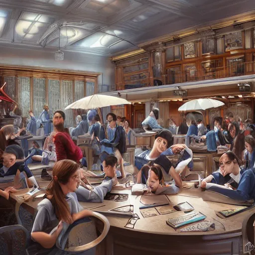 Image similar to a modern school reception, realistic, sharp focus, 8 k high definition, insanely detailed, intricate, elegant, art by stanley lau and artgerm