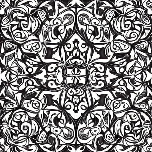 Prompt: a symmetrical design of intricate baroque floral patterns radiating from the center, hard geometric lines dissect the gorgeous filigree, in the style of an Albrecht Durer print
