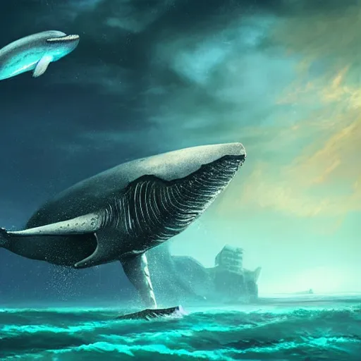 Image similar to a city under the ocean on an alien world, and a whale who feels disconnected from it wistfully watching a spaceship fly away, sci-fi digital art,