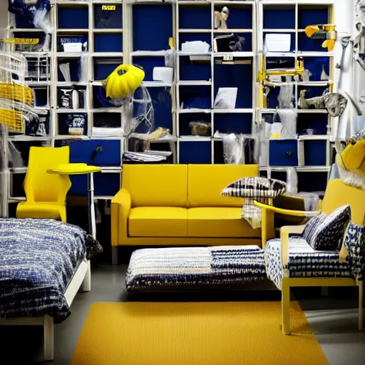 Prompt: ikea Backrooms, sinister, professional photography, weird, spooky, unearthly, dream-like, intricate, decomposition, urgh, strange, blue and yellow