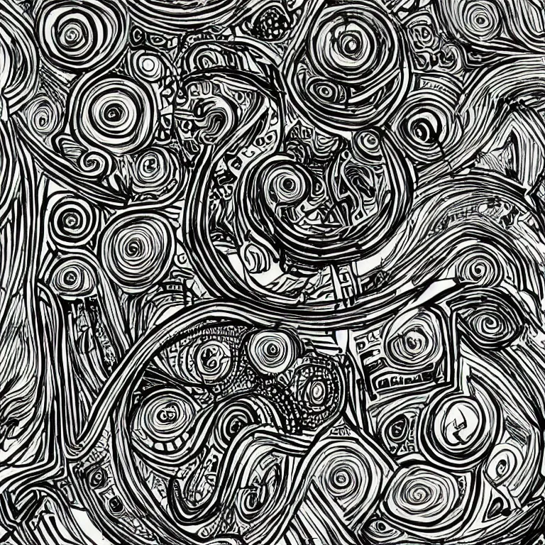 Prompt: a black and white drawing of many different things, an abstract drawing by nathaniel pousette - dart, featured on deviantart, psychedelic art, behance hd, repeating pattern, artwork