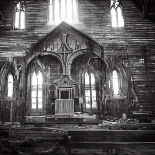 Prompt: shot of a monstruous creature inside of an old wooden church, louisiana, southern gothic,