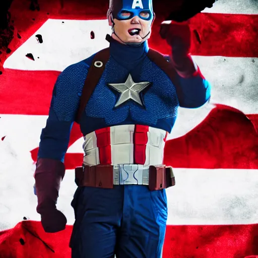 Image similar to Donald Trump as Captain America, epic, movie still, photorealistic, cinematic, 8k,