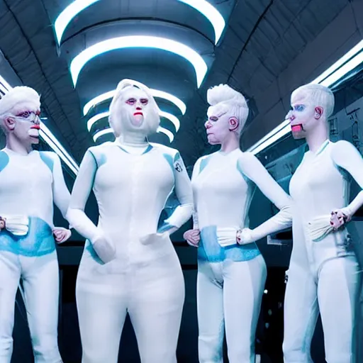 Image similar to troop of freak show women with white hair, white hair, tight light blue neopren suits, futuristic production facility, sci - fi, highly detailed, cinematic