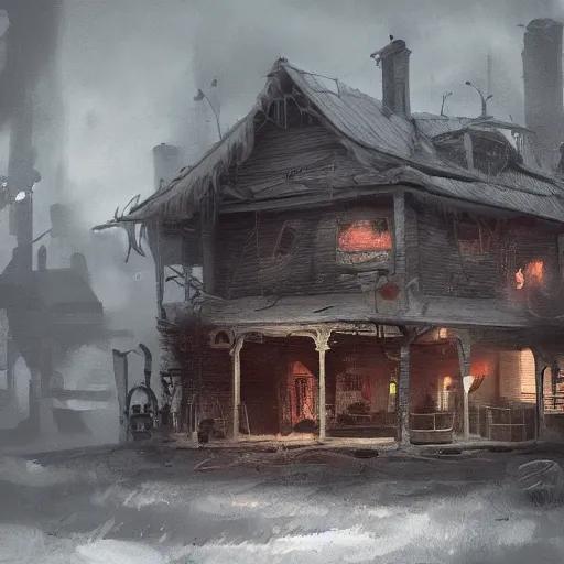 Image similar to this place is truly horrid and the atmosphere is stuffy the town lights are flickering and the place looks horrible, trending on artstation,