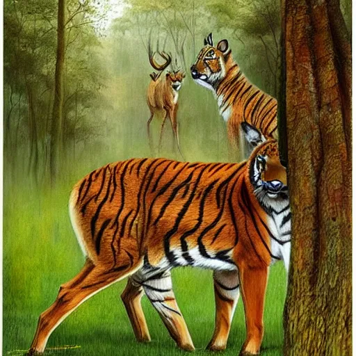 Prompt: !!! deer and!!! tiger standing close to each other in sherwood forest by esao andrews