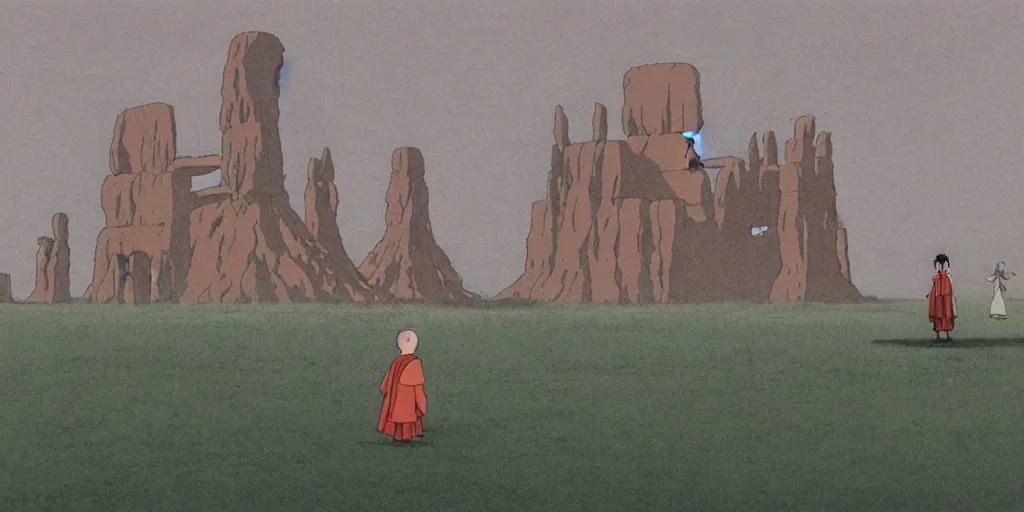 Image similar to a realistic cell - shaded studio ghibli concept art from paprika ( 2 0 0 6 ) of a giant monk meditating and a small witch dancing from close encounters of the third kind ( 1 9 7 7 ) in a flooded monument valley stonehenge. very dull colors, wide shot, hd, 4 k, hq