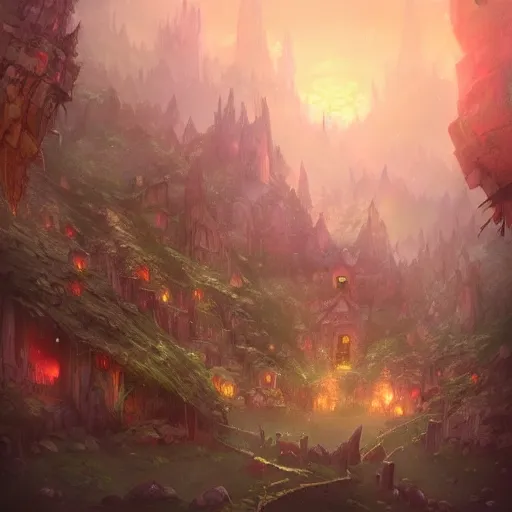 Prompt: Ancient faerie city nestled in a deep forest at dusk by Ross Tran, trending on artstation