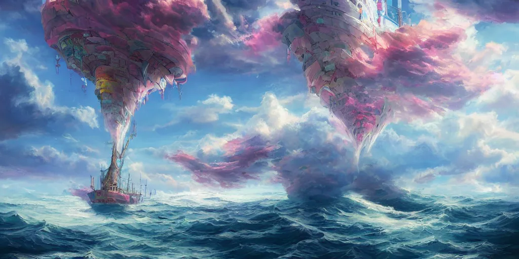 Prompt: a ship sailing high in the clouds, fantasy, trending on artstation, digital art, hyper detailed, hyper colorful