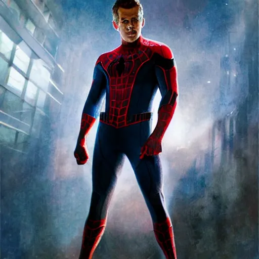 Image similar to ryan reynolds as spider - man, wearing a black and blue suit, cinematic, volumetric lighting, f 8 aperture, cinematic eastman 5 3 8 4 film, photorealistic by greg rutkowski, by stanley artgerm, by alphonse mucha