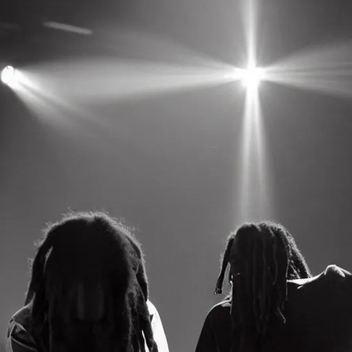 Image similar to a dramatic photograph of snoop dog and bob marley in concert in an infinite universe of mystical light, ground haze, dramatic lighting, filmic, cinematographic, sci - fi