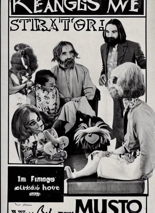 Image similar to vintage magazine advertisement depicting charles manson hosting the muppet show