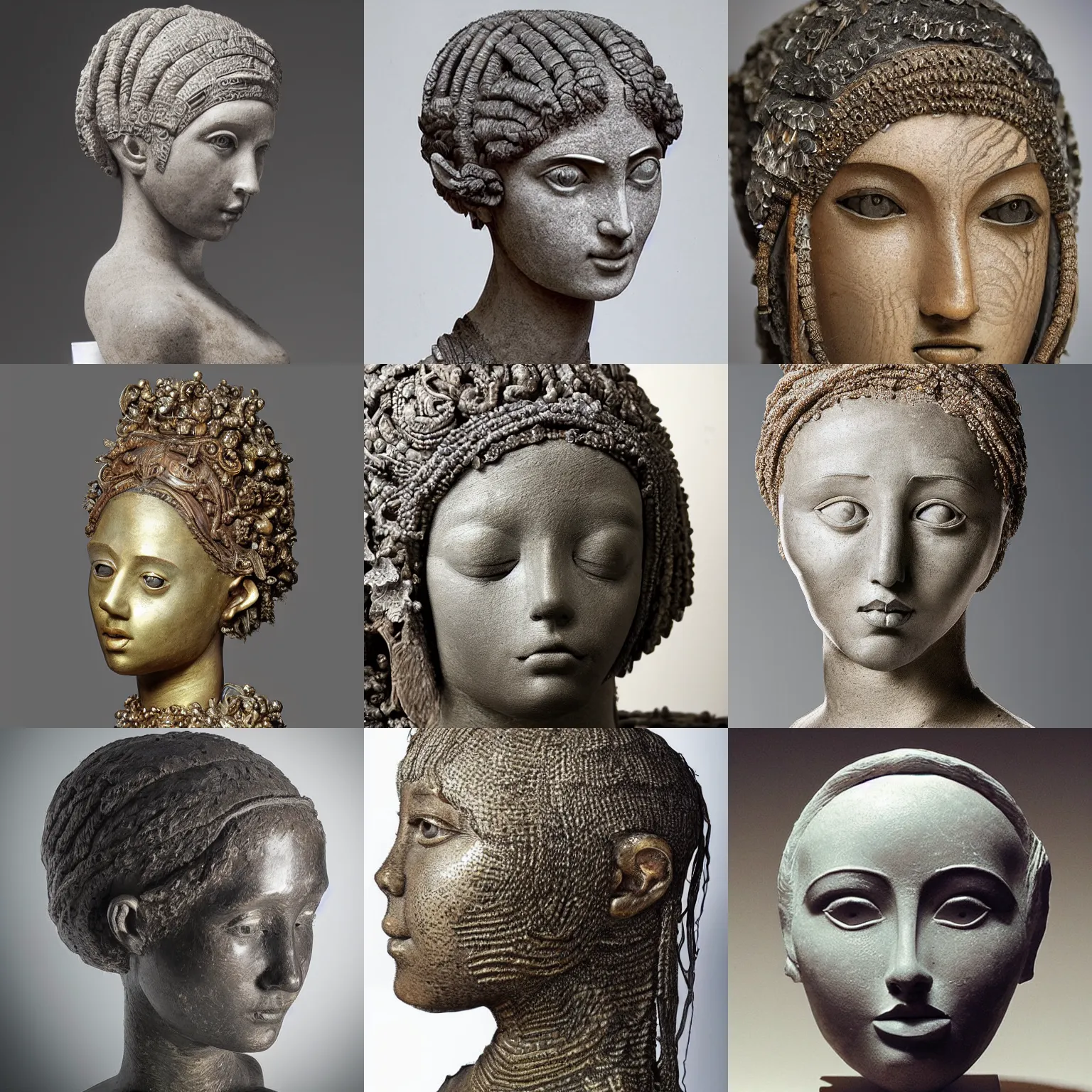 Prompt: “ an intricate and extremely detailed sculpture of a female head made of abelsonite ”