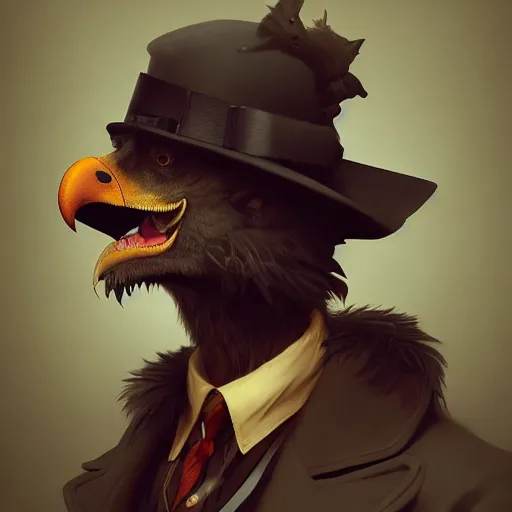 Image similar to Sherlock Detective Anthropomorphic furry fashion vogue Vulture man man wearing a Buzzard costume wearing a hobo costume ripped physique gerald brom bastien grivet greg rutkowski norman rockwell portrait face head beak eyes