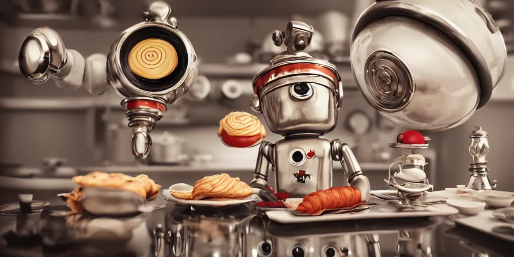 Image similar to closeup portrait of tin toy retro robot chef cooking pastry in a kitchen, depth of field, zeiss lens, detailed, centered, fashion photoshoot, by nicoletta ceccoli, mark ryden, lostfish, breathtaking, 8 k resolution, extremely detailed, beautiful, establishing shot, artistic, hyperrealistic, octane render