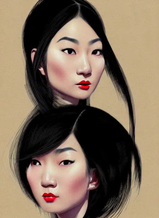 Prompt: portrait of an asian woman with a crooked nose and a confident expression, 1 9 6 0 s, black clothes, goth, punk, brightly coloured hair, funk, intricate, elegant, highly detailed, digital painting, artstation, concept art, smooth, sharp focus, illustration, art by wlop, mars ravelo and greg rutkowski