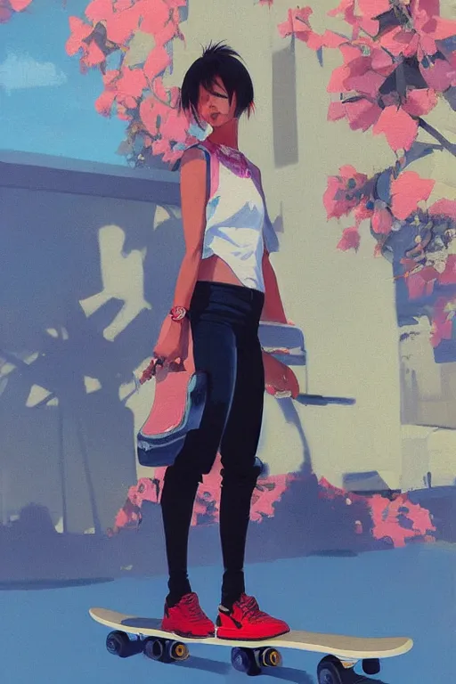 Image similar to A ultradetailed beautiful panting of a stylish woman standing on a skateboard, she is wearing streetwear, bright sunny day, Oil painting, by Ilya Kuvshinov, Greg Rutkowski and Makoto Shinkai