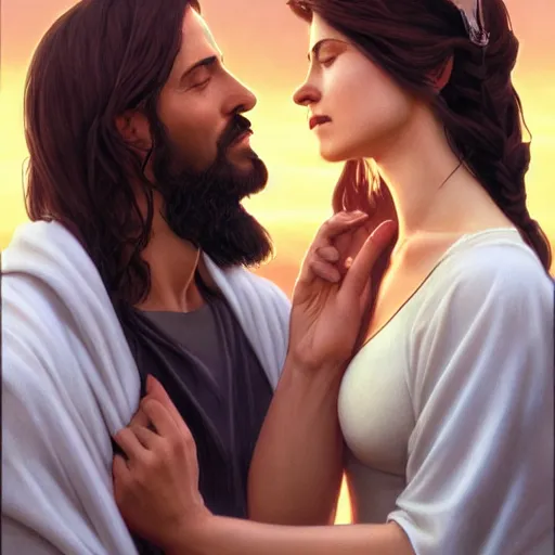 Image similar to jesus kissing a sensual woman in jerusalem, elegant, highly detailed, digital painting, artstation, concept art, matte, sharp focus, highly detailed, 4 k, hdr, smooth, sharp focus, high resolution, award - winning photo, photorealistic, art by artgerm and greg rutkowski and alphonse mucha, large shot