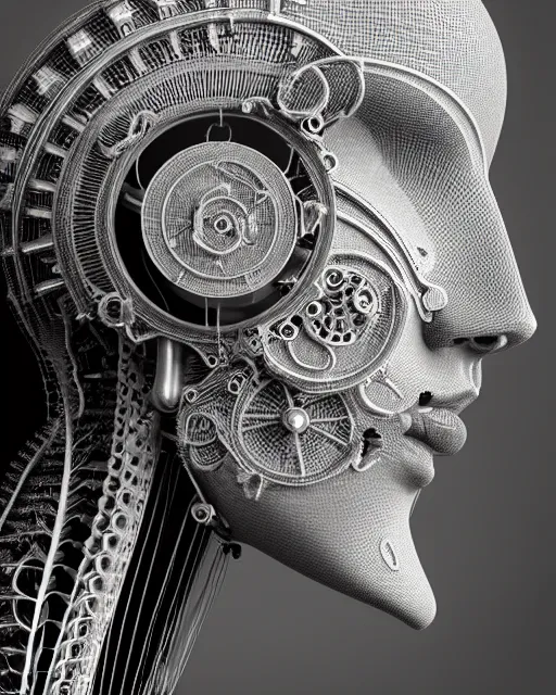 Image similar to mythical black and white organic bio-mechanical spinal ribbed profile face portrait detail of mechanical beautiful female angelic-vegetal-cyborg, highly detailed, intricate steampunk ornate, poetic, 3D render, digital art, octane render, 8K artistic photography, photo-realistic, by Dora Maar